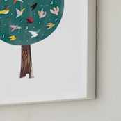"Lots of Songbirds" - Art Print in antique pine by Eve Schultz - Frame Close-up