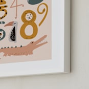 "Safari Friends Numerals" - Art Print in Flamingo by Jenna Holcomb - Frame Close-up