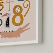 "Safari Friends Numerals" - Art Print in Flamingo by Jenna Holcomb - Frame Close-up