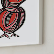 "Sleepy Owl" - Art Print in Rocking red by Gill Eggleston - Frame Close-up