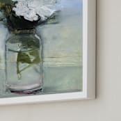"Blue Stripe, White Flower" - Art Print in Steel Blue by Hadas Tal - Frame Close-up