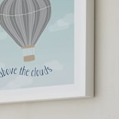 "Hot Air Balloon in the Clouds" - Art Print in Blue and Gray by Kayley Miller - Frame Close-up