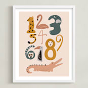 "Safari Friends Numerals" - Art Print in Flamingo by Jenna Holcomb - Framed