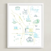 "Chicago Calligraphy Map" - Art Print in Dark Green by Megan Kelso - Framed