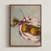 "Pears on a Plate" - Art Print in Mustard Olive by Wendy Keller - Framed Canvas