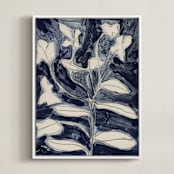 "Petals on Indigo" - Art Print in Indigo Blue by Deborah Velasquez - Framed Canvas