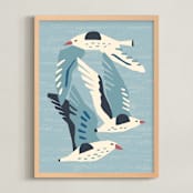 "Seagulls" - Art Print in Neutral Blue Green by Roochita Chachra - Framed