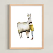 "LLama and Boy" - Art Print in Cozy Yellow by Sarah Fitzgerald - Framed