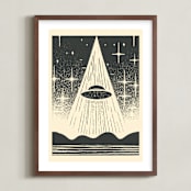"UFO Encounters: Nostalgic Retro Woodcut" - Art Print in Galactic Gray by Roseanne Kenny - Framed