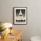 "UFO Encounters: Nostalgic Retro Woodcut" - Art Print in Galactic Gray by Roseanne Kenny - In a Room