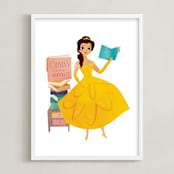 "Storytime with Belle from Disney's Beauty And The Beast" - Personalized Art Print in Golden yellow by Lori Wemple - Framed