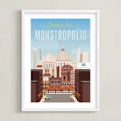 "Greetings from Monstropolis" - Art Print in Sky Blue by Erica Krystek - Framed