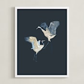 "Crane dance" - Art Print in Moody blue by Nina Leth - Framed