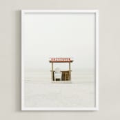 "The Beach" - Art Print in soft blue and tomato red by Baumbirdy - Framed