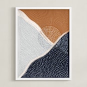 "Sunset over the mountains" - Art Print in Prussian blue, Unilux Powder Blue, Copper by Sabrin Deirani - Framed