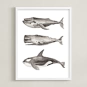"Three Stacked Whales" - Art Print in Grey by Two if by Sea Studios - Framed