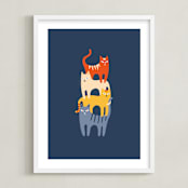"Catstack" - Art Print in Navy by Nieves Herranz - Framed