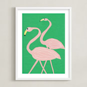"Flamingo Amigos" - Art Print in grass green by Elliot Stokes - Framed