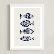 "Linocut Fishes" - Art Print in Navy Blue by Alisa Galitsyna - Framed