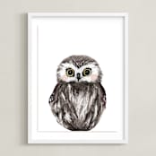 "Baby Animal Owl" - Art Print in Dark Wood by Cass Loh - Framed