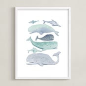 "Blue Whales" - Art Print in Aqua by Kelsey Carlson - Framed