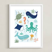 "Sea Friends" - Art Print in Sea Blue by Beth Schneider - Framed