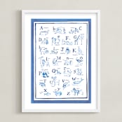 "Animal Alphabet Toile" - Art Print in Ocean Blue by Teju Reval - Framed