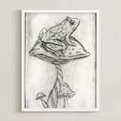 "Toad on Mushroom Monoprint" - Art Print in Charcoal by Marta Berk - Framed