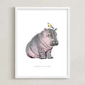"baby hippo and bird" - Personalized Art Print in Tumbleweed by Cass Loh - Framed
