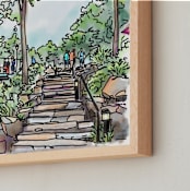 "Stairs to the Park" - Art Print in Sunsoaked Leaf Green by The Tattered Traveler - Frame Close-up