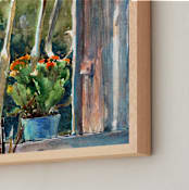 "Window sill flowers" - Art Print in Green & Orange by Rafael Yaniger - Frame Close-up