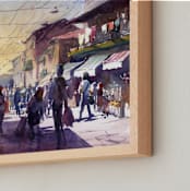 "Mahne Yehuda market" - Art Print in Purple & Yellow by Rafael Yaniger - Frame Close-up