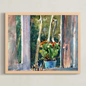 "Window sill flowers" - Art Print in Green & Orange by Rafael Yaniger - Framed