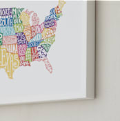 "Delightfully Lettered USA Map" - Art Print in Rainbow by Jessie Steury - Frame Close-up