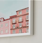 "Lisbon Colorful Buildings" - Art Print in Pastel Pink by Heather Loriece - Frame Close-up