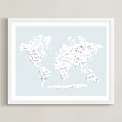 "Beautiful World Map" - Art Print in Soft Sky by Jessie Steury - Framed