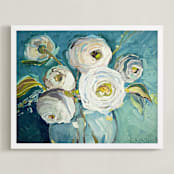 "White Peonies II" - Art Print in Teal Blue by Cristina Marie - Framed