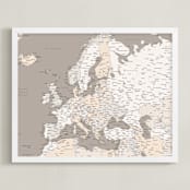 "Map of Europe with cities" - Art Print in Light earth tones by Rosana Laiz Blursbyai - Framed