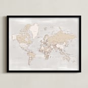 "Rustic distressed world map" - Art Print in Taupe and grey by Rosana Laiz Blursbyai - Framed