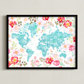 "Floral watercolor world map" - Art Print in Aquamarine blue by Rosana Laiz Blursbyai - Framed