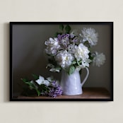 "Still life with white peonies" - Art Print in green and white by Elizabeth Pyle - Framed