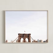 "Minimalist's View of the Brooklyn Bridge" - Art Print in Sunset Sky by The One With Wanderlust - Framed