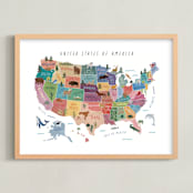 "Animals Map of USA" - Art Print in Ocean by Elly - Framed