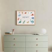 "Dino Friends" - Personalized Art Print in Amber by Teju Reval - In a Room