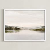"Misty lake" - Art Print in autumn green by Kamala Nahas - Framed