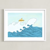 "dog surfing" - Art Print in Sea Blue by Helen H Wu - Framed