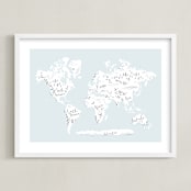 "Beautiful World Map" - Art Print in Soft Sky by Jessie Steury - Framed