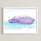 "Hippo Hooray" - Art Print in lilac by Lindsay Megahed - Framed