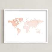"Blush Watercolor World Map" - Art Print in Blush Pink by Katrina Lindhorst - Framed