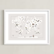 "Animal World Map" - Art Print in Beige by Jessie Steury - Framed